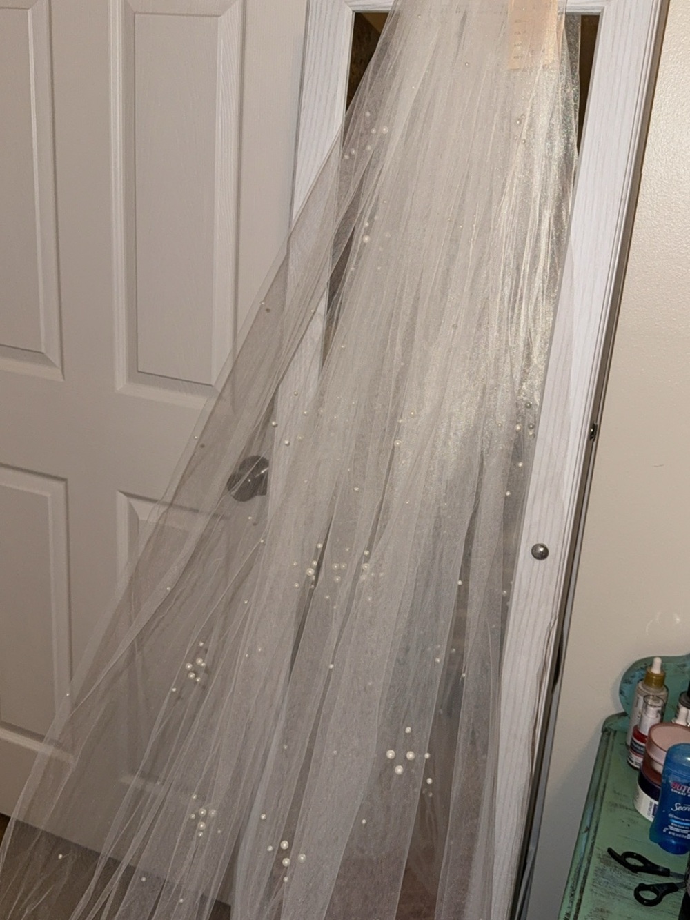 Pearl-Embellished White Tulle Wedding Veil